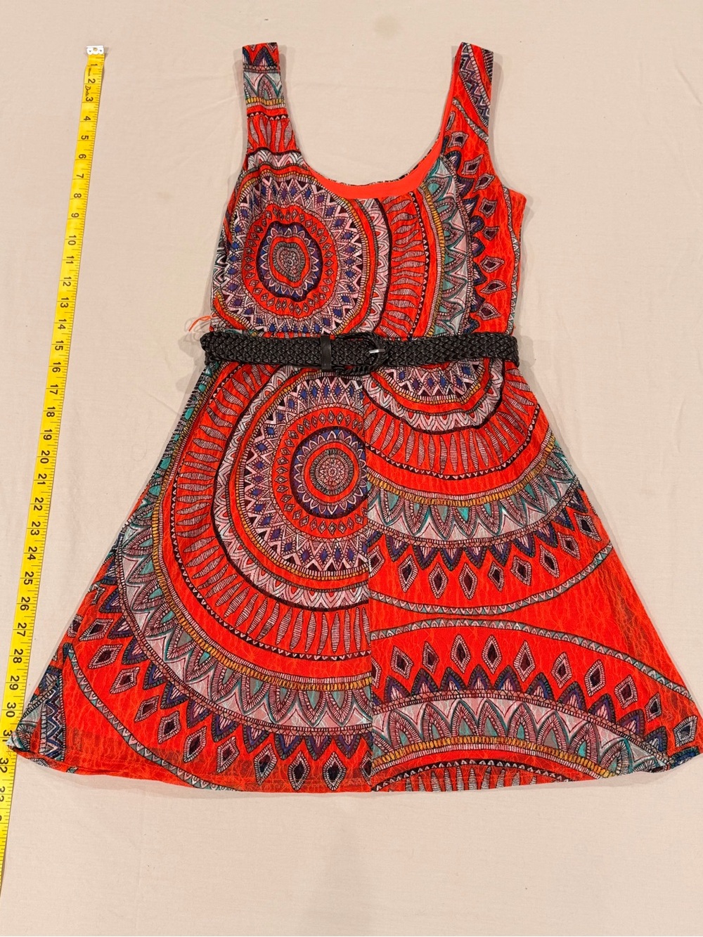American Rag Cie Sleeveless Red Patterned Casual Dress with Braided Belt